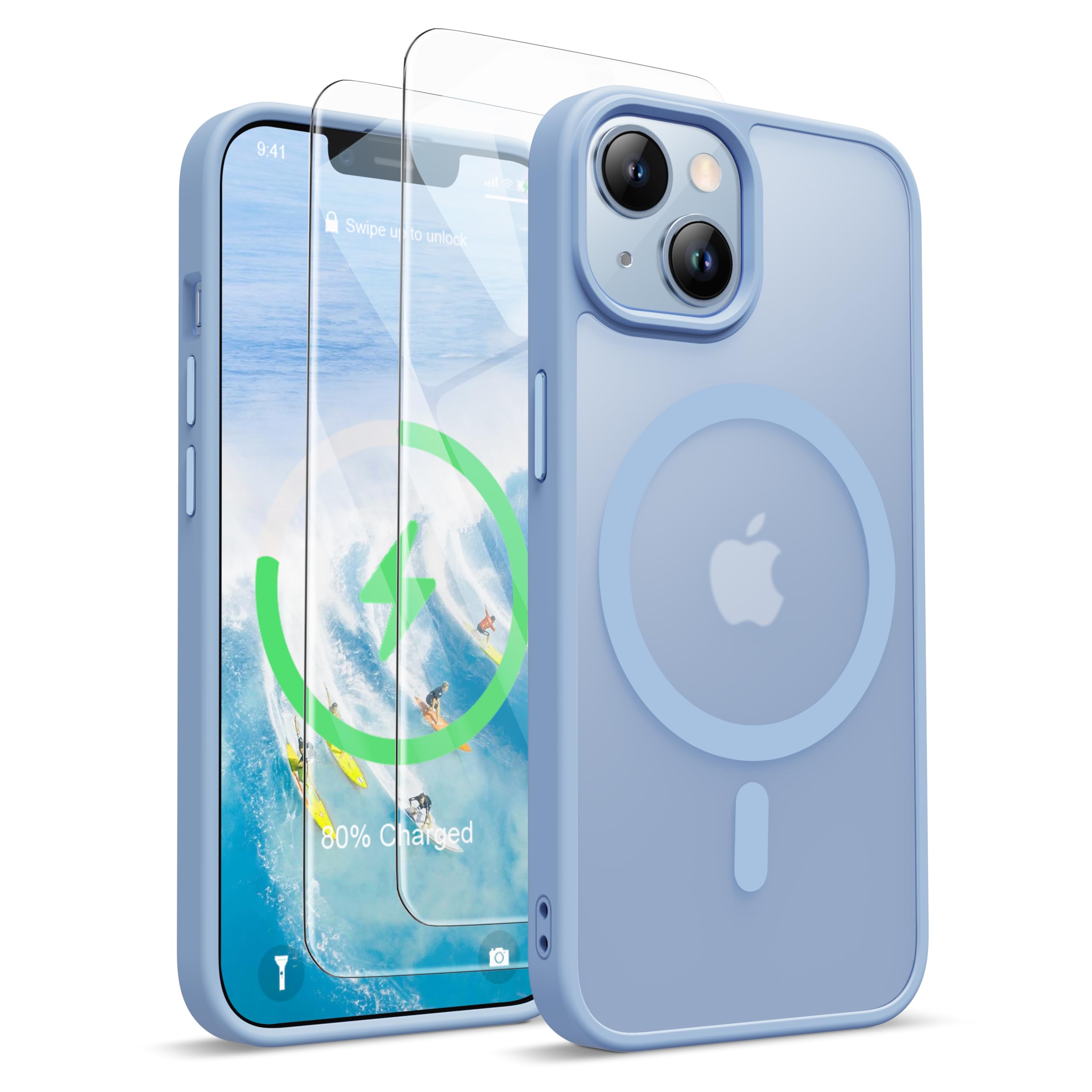 ORETECH Magnetica Opaca Cover per iPhone 14,Custodia iPhone 13 con 2X Vetro Temperato per Cellulare Protettiva Antiurto Protezione Militare Custodia per iPhone 14/13-Blu Sierra