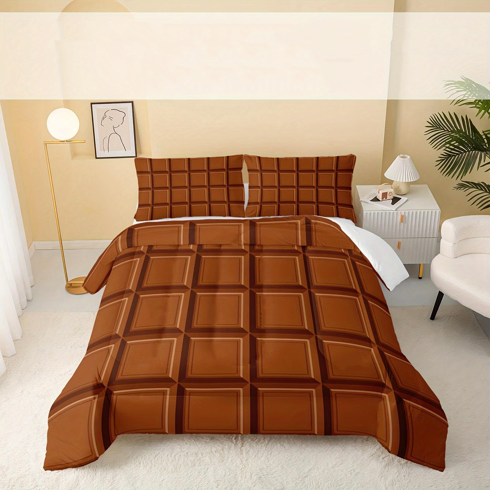 Parure de lit chocolat à carreaux 230x260cm avec 2 taies d'oreiller