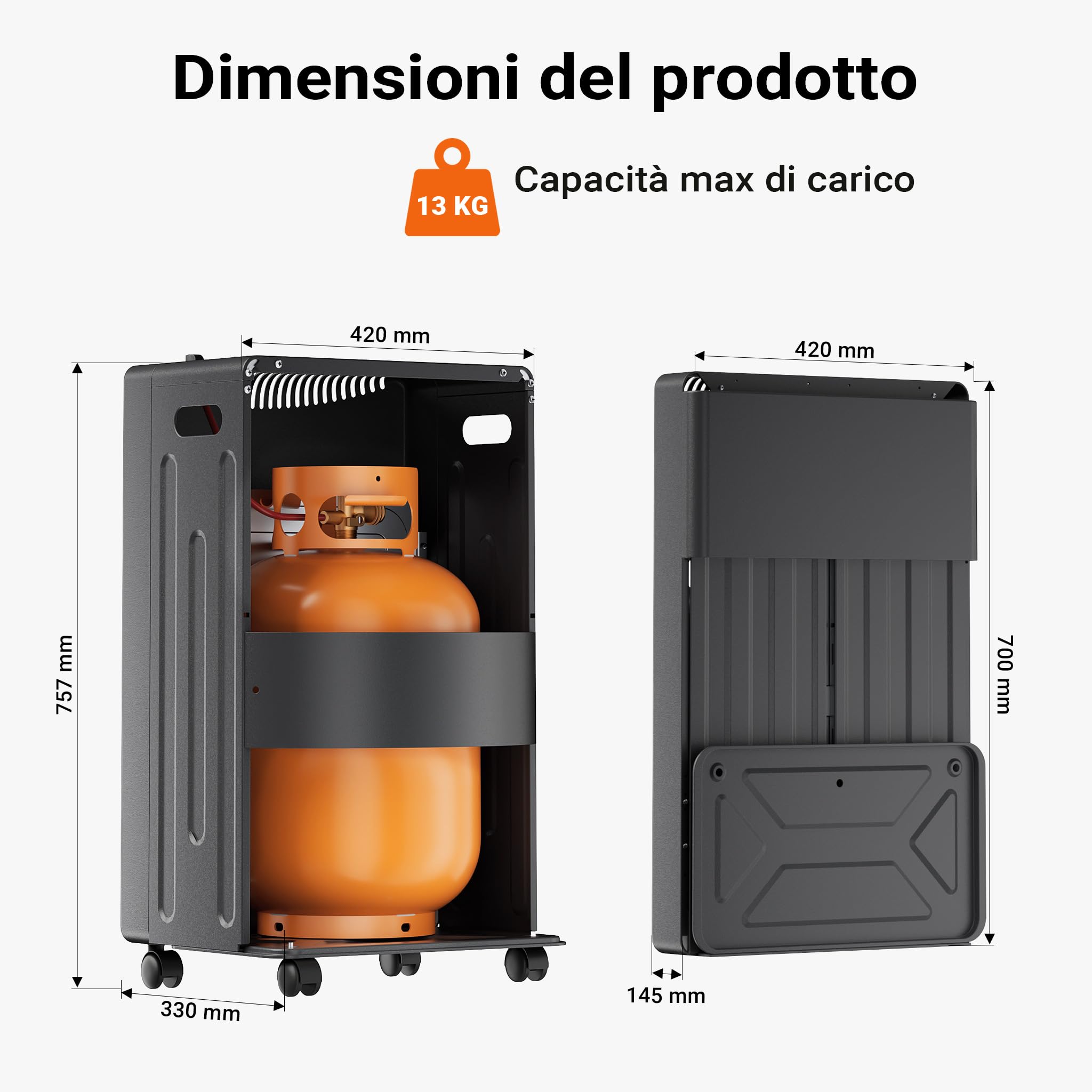 Wiltec Stufa a gas infrarossi 4,2K W, pieghevole, con rotelle, 3 livelli di potenza, con ODS