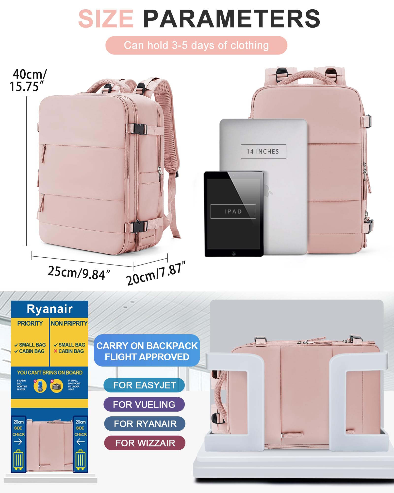 BJLFS Borse da Cabina per Ryanair 40x20x25 Bagaglio a Mano Zaino Borsa Zaino da Viaggio, Zaino da trekking,Zaino Easyjet 45x36x20,Zaino Casual per laptop da 14 pollici per scuola