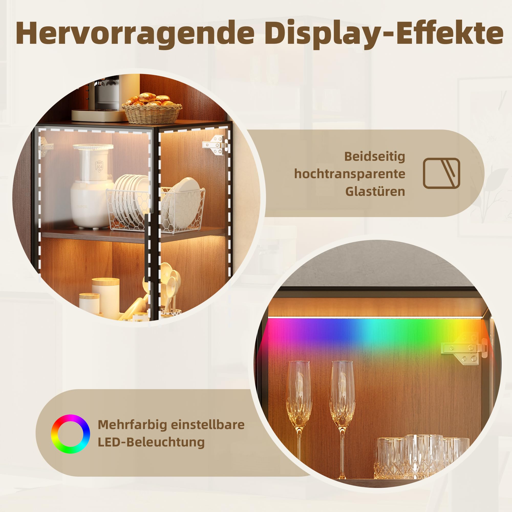 Armario de vitrina de 70 x 38 x 160 cm con estante extraíble, doble cristal, armario de madera MDF de nogal, almacenamiento, armario alto multifuncional para salón, comedor, cocina, color