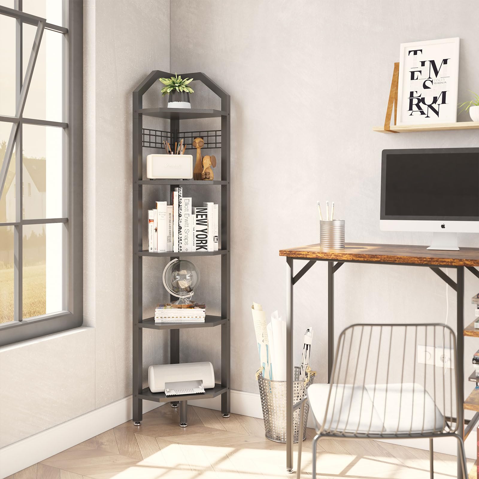 YMYNY Étagère d'angle à 5 Niveaux, Hauteur 176 cm, étagère de Rangement Multi-usages, pour Salon, Salle de Bain, Cuisine, Chambre à Coucher, Bureau, Style Industriel Noir HBR006B