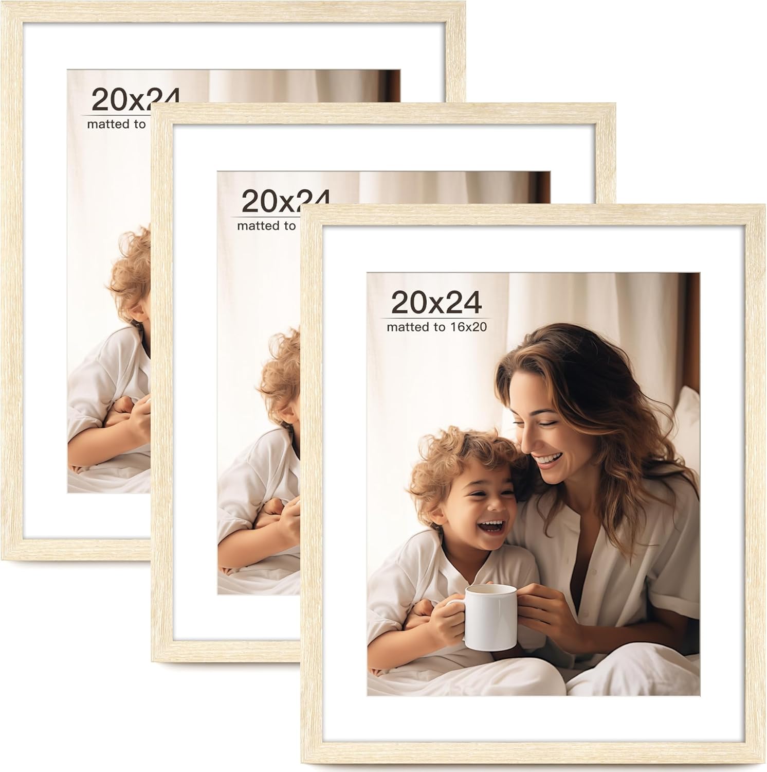 20x24 Picture Frame with Mat for 16x20 Set of 3, Natural Wood Grain 20x24 Frame for Horizontal & Vertical Wall Mounting (3 Pack,Natural) 20x24, 3 pack Natural
