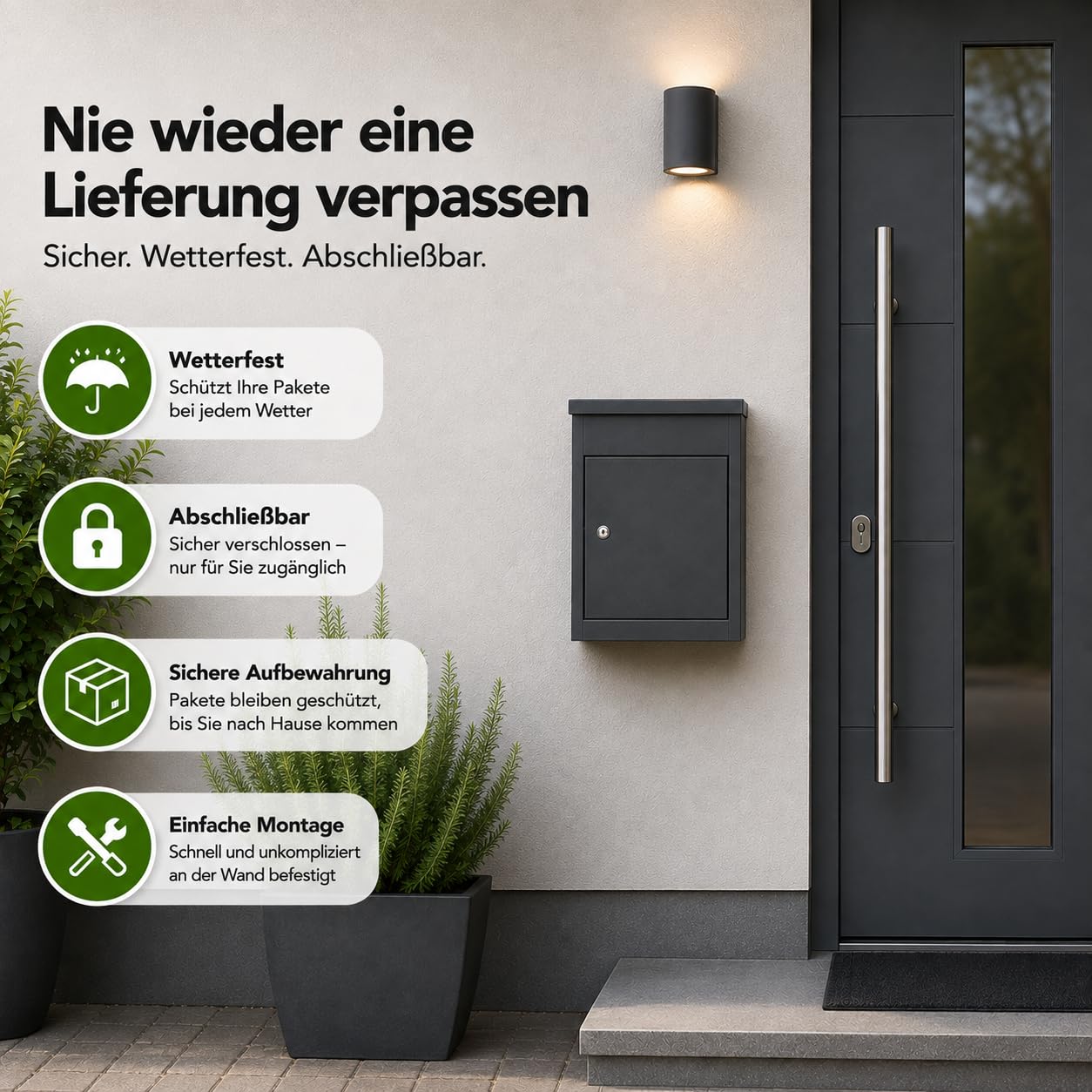 Paketbriefkasten groß – Abschließbarer Briefkasten für Pakete & Post, wetterfest aus Metall, mit 2 Schlüsseln, 41 × 35 × 53 cm – Anthrazit