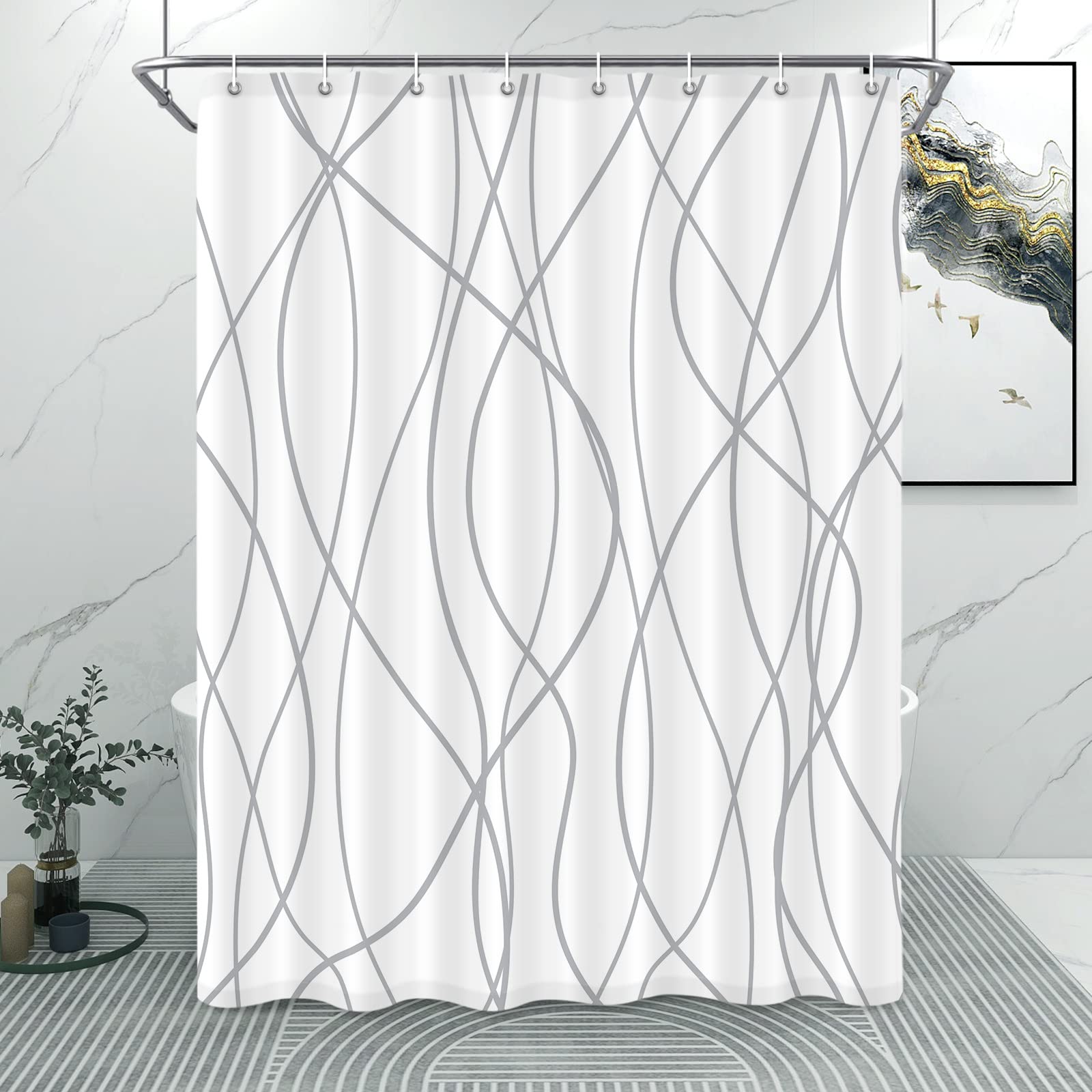 Punkray Grey and White Striped Polyester Shower Curtain for Bathroom with 8 Hooks, Weighted Hem, Waterproof Bath Accessories Hotel Style, 54 x 72