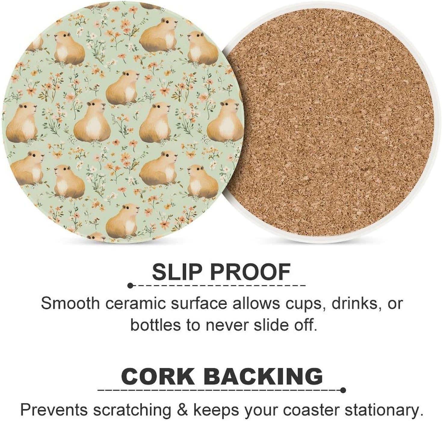 Cute Capybara Flowers Funny Round Ceramic Coasters for Drink Absorbent Cup Holders Tabletop Protection