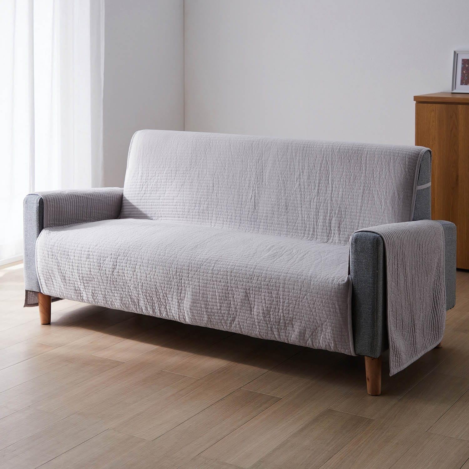 [ベルメゾン] ソファーカバー 肘付き 洗える 綿素材 イブル ソファカバー・マルチカバー ライトグレー 3人掛け用