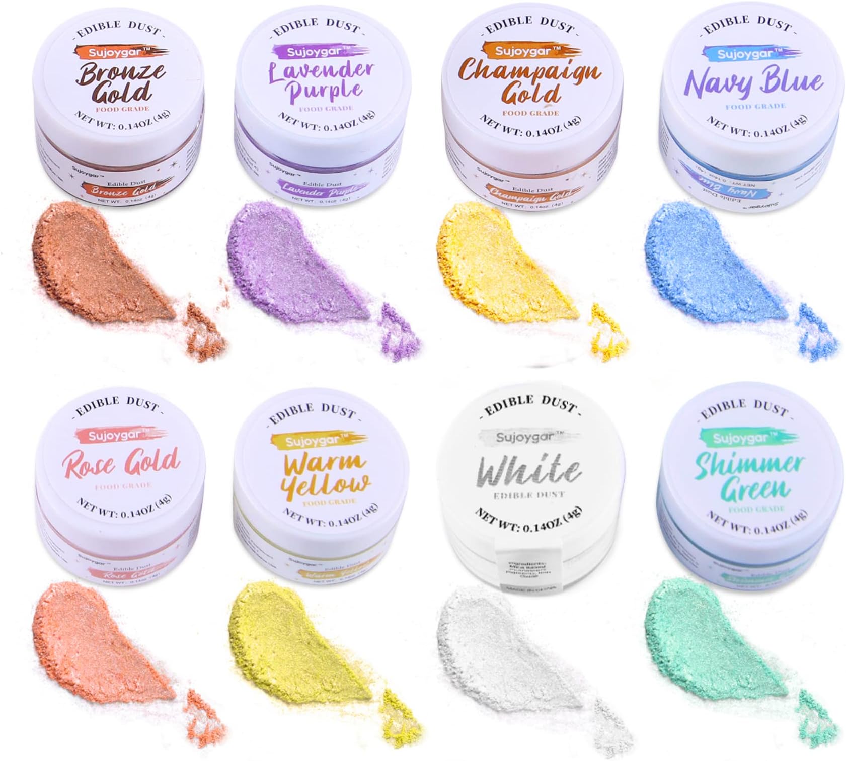 Edible Glitter Set 8 Colors, Food Grade, 4g/bottle, Sujoygar, Shimmer Edible Glitter for Drinks, Cake, Cocktail, Baking, Strawberries, Chocolates