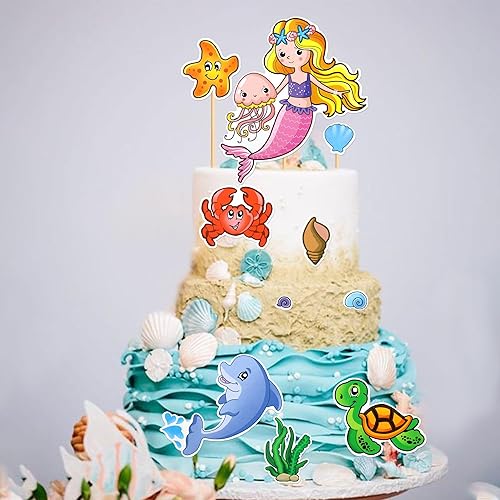 Miniatura 3 de Ercadio 9 piezas de decoración para tartas con temática de sirena, con purpurina, para cumpleaños, para tartas, algas marinas, cola de sirena,