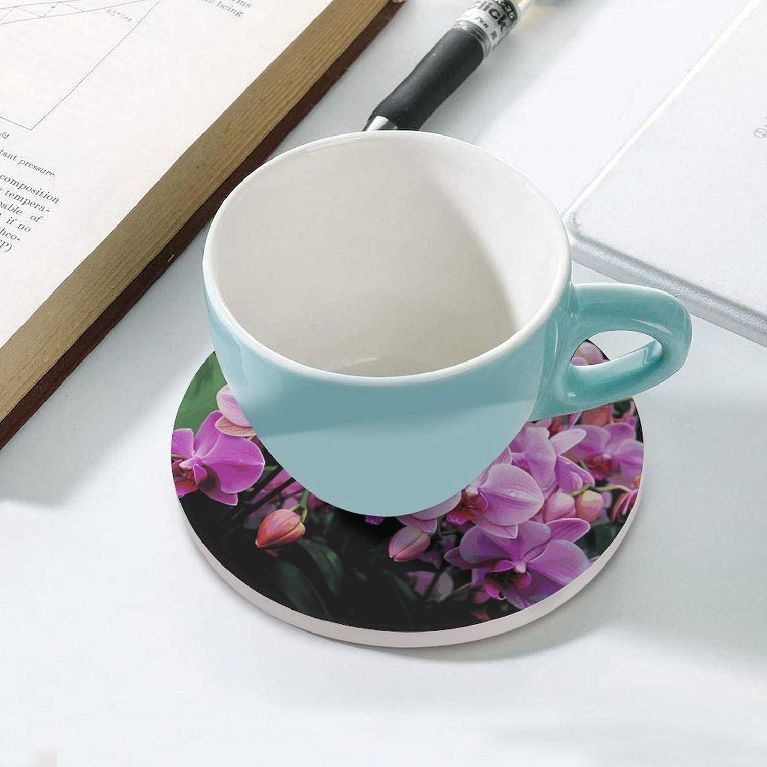 Orchids Coasters for Drinks Absorbing Round Ceramic Stone Coaster with Cork Base Coffee Cup Beverage Table Cup Mat Modern Style Bar Coaster Set for Home Decor