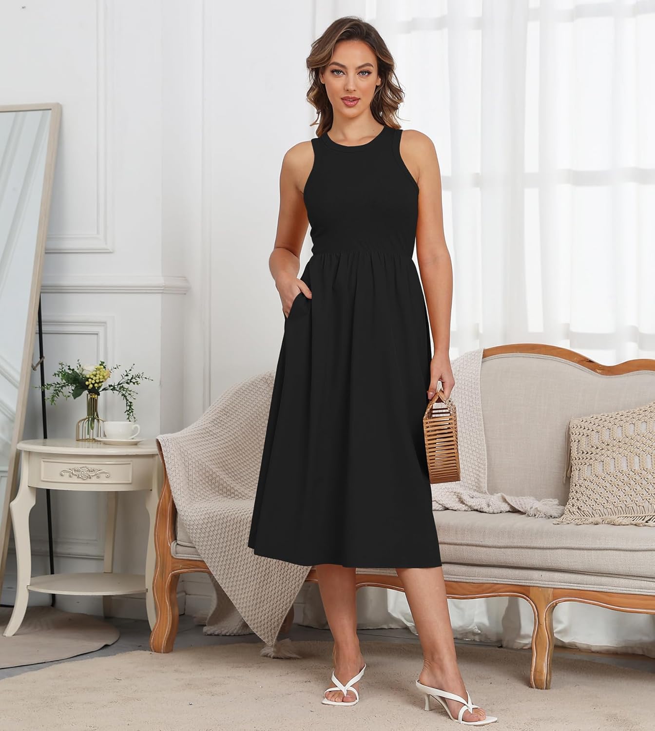 Naggoo Women's Sleeveless Dress Summer Casual Flowy Sundress Knit Tank Top Racerback Midi Dresses Pockets - Image 3