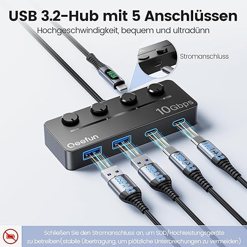 Miniatura 10 de Qeefun Hub USB alimentado, extensor de datos USB 3.0 de 7 puertos con interruptores LED individuales de encendidoapagado y puerto de soporte de