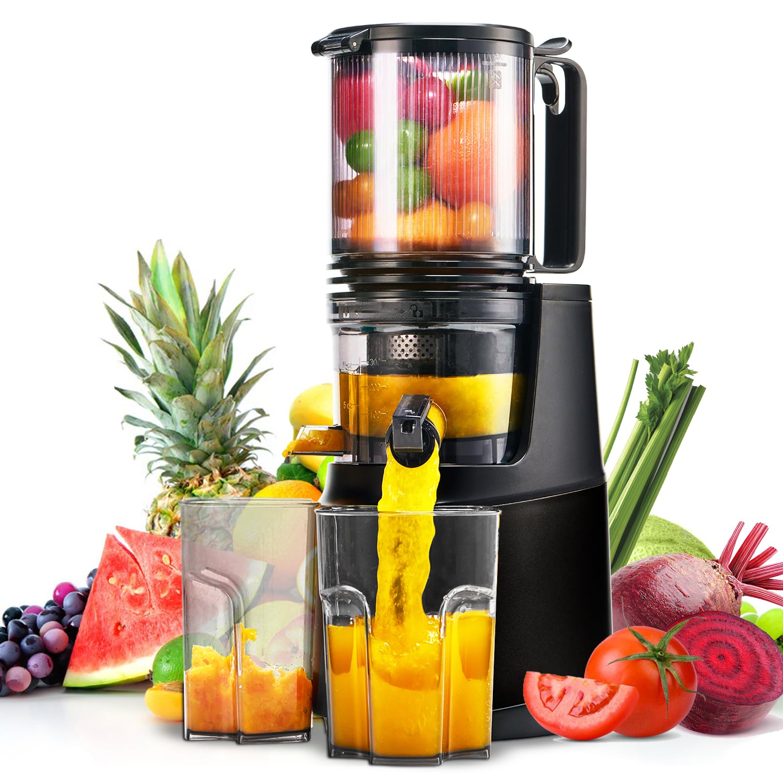 MAISON HUIS Estrattore Frutta e Verdura, Slow Juicer con 13,5cm Extra Grande Contenitore per Frutta e Verdura Intera, Facile da Pulire, Nero