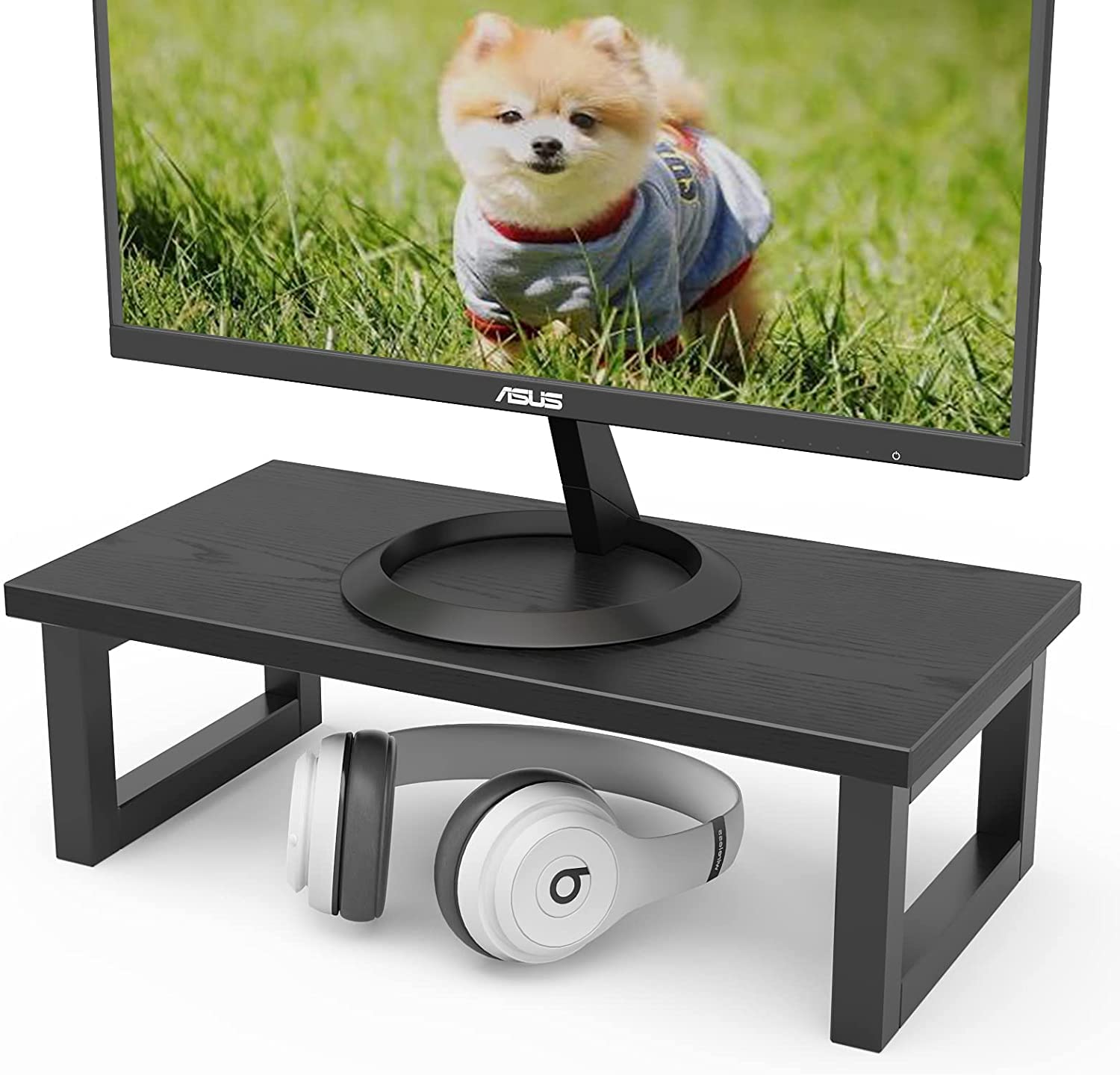 INDIAN DECOR 39340 Monitor Stand Riser for Computer Desktop Wood Riser Supports Storage Organizer Shelf for Laptop Computer, 15.5 inches, Black