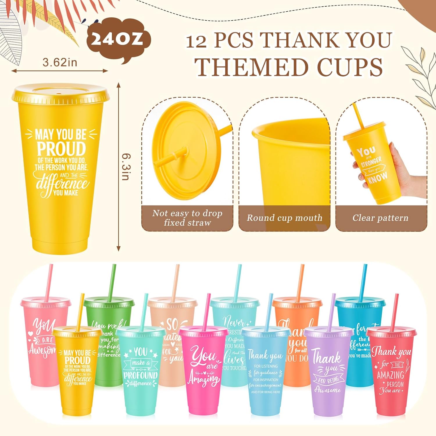 48 Pcs Inspirational Appreciation Gifts Thank You for Employee Coworker, 24 oz Plastic Cup with Lid Straw Notebooks Ballpoint Pens Keychain for Thanksgiving Christmas Gifts (Pastel Color) - Image 2