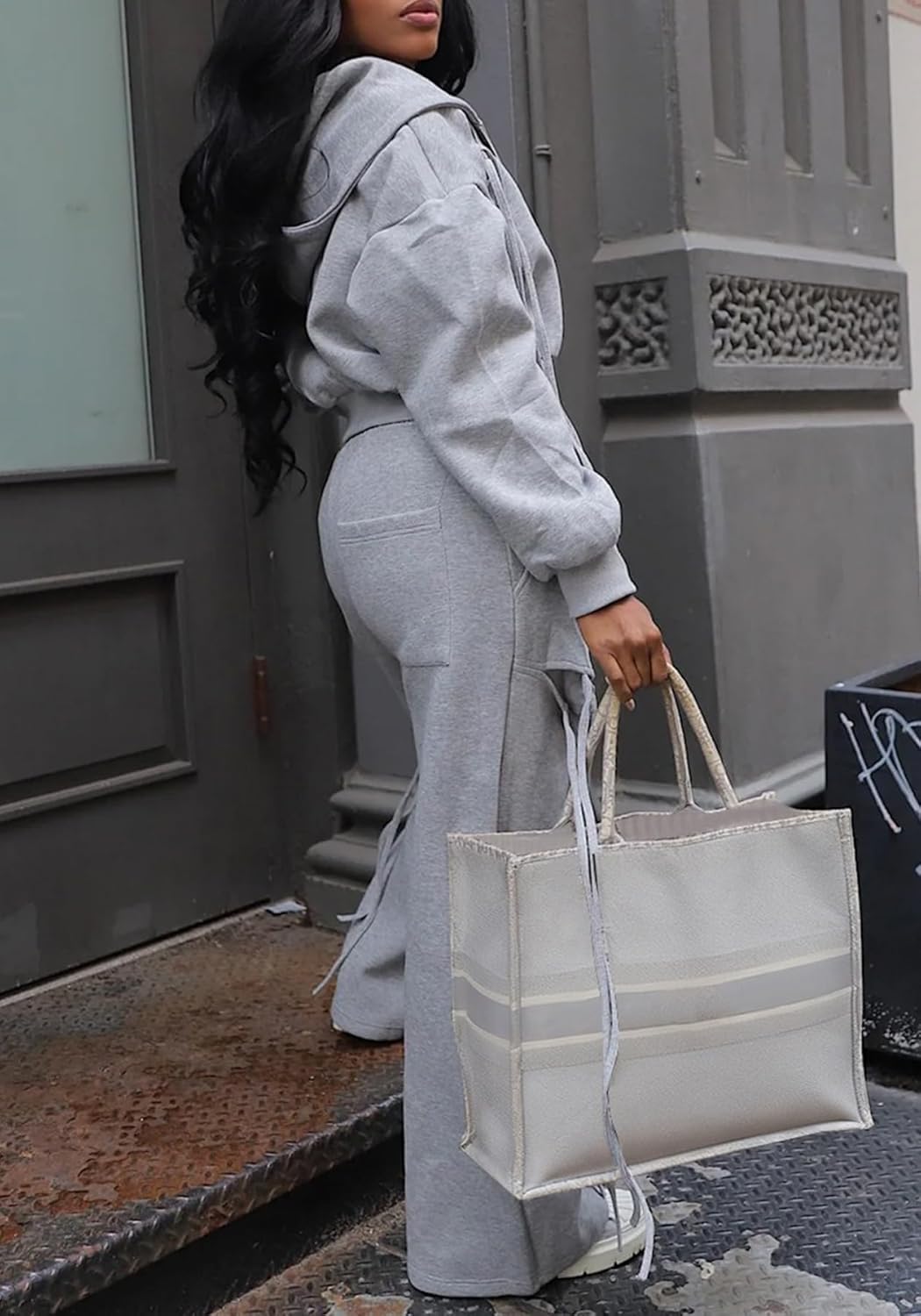 Womens Sweatsuits 2 Piece Outfits Fall Zip Up Cropped Hoodie Cut Out Sweatpants Sets Airport Travel Outfit Tracksuit - Image 3