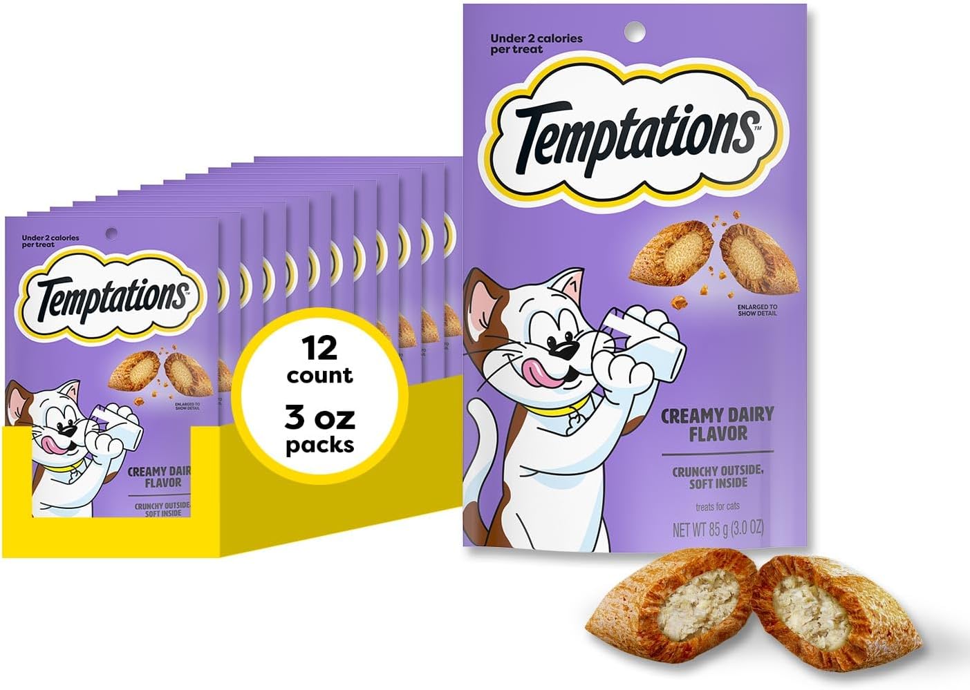 Classic Crunchy and Soft Cat Treats, Creamy Dairy, 3 oz, 12pk | Under 2 calories per treat, 100% complete & balanced for adult cats, resealable pouches, use as snack, meal, or food topper