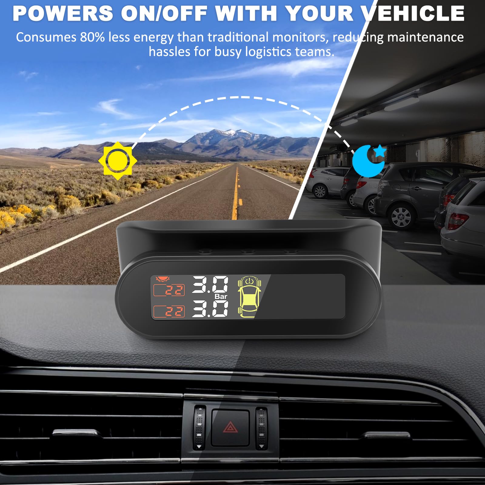 TPMS Sistema di Monitoraggio,della Pressione degli Pneumatici, Ricarica Solare/USB, 4 modalità Allarme, con 4 Sensori Esterni, per Berlina, SUV, Monovolume, Rimorchio, ECC