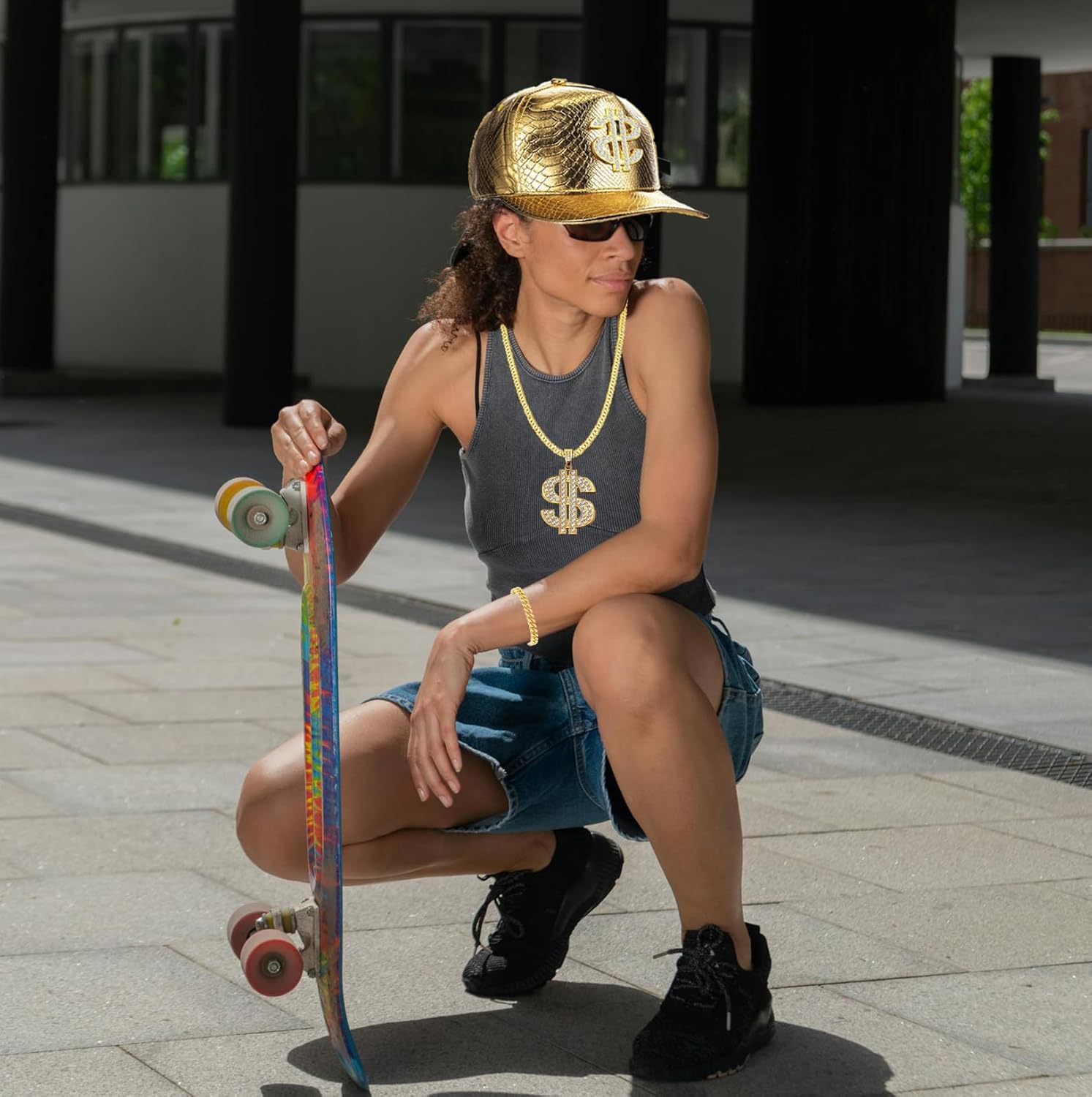 5Pcs 80s/90 Hip Hop Costume Kit Gold Rapper Hat Sunglasses Gold Dollar Sign Pendant Necklaces Rapper Accessories - Image 4