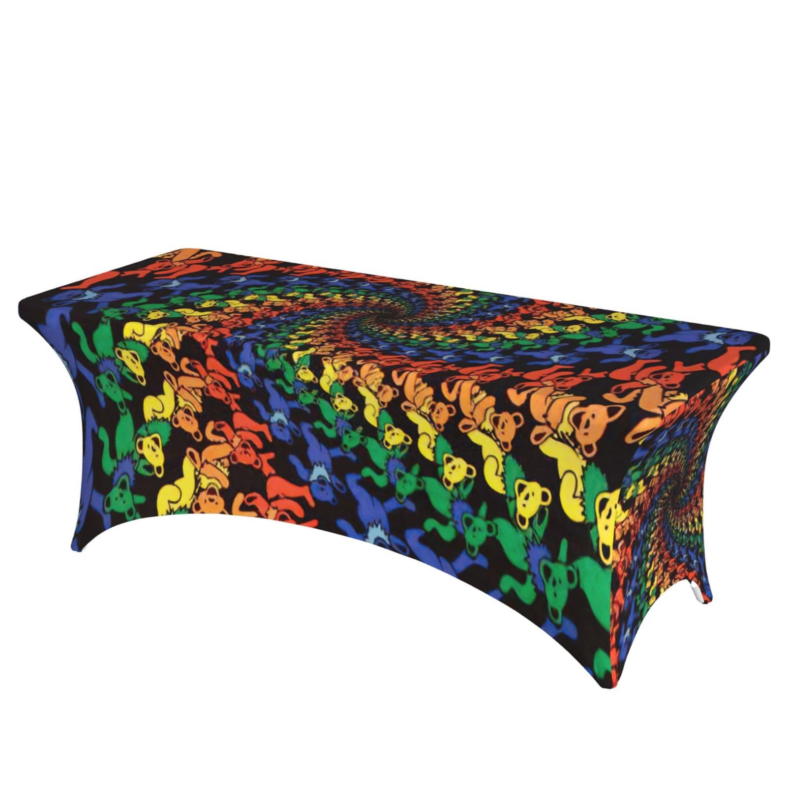 NImongt Bear Dancing Tie Dye Print Elastic Rectangular Tablecloth Holidays Family Banquet Wedding Party Table Cover