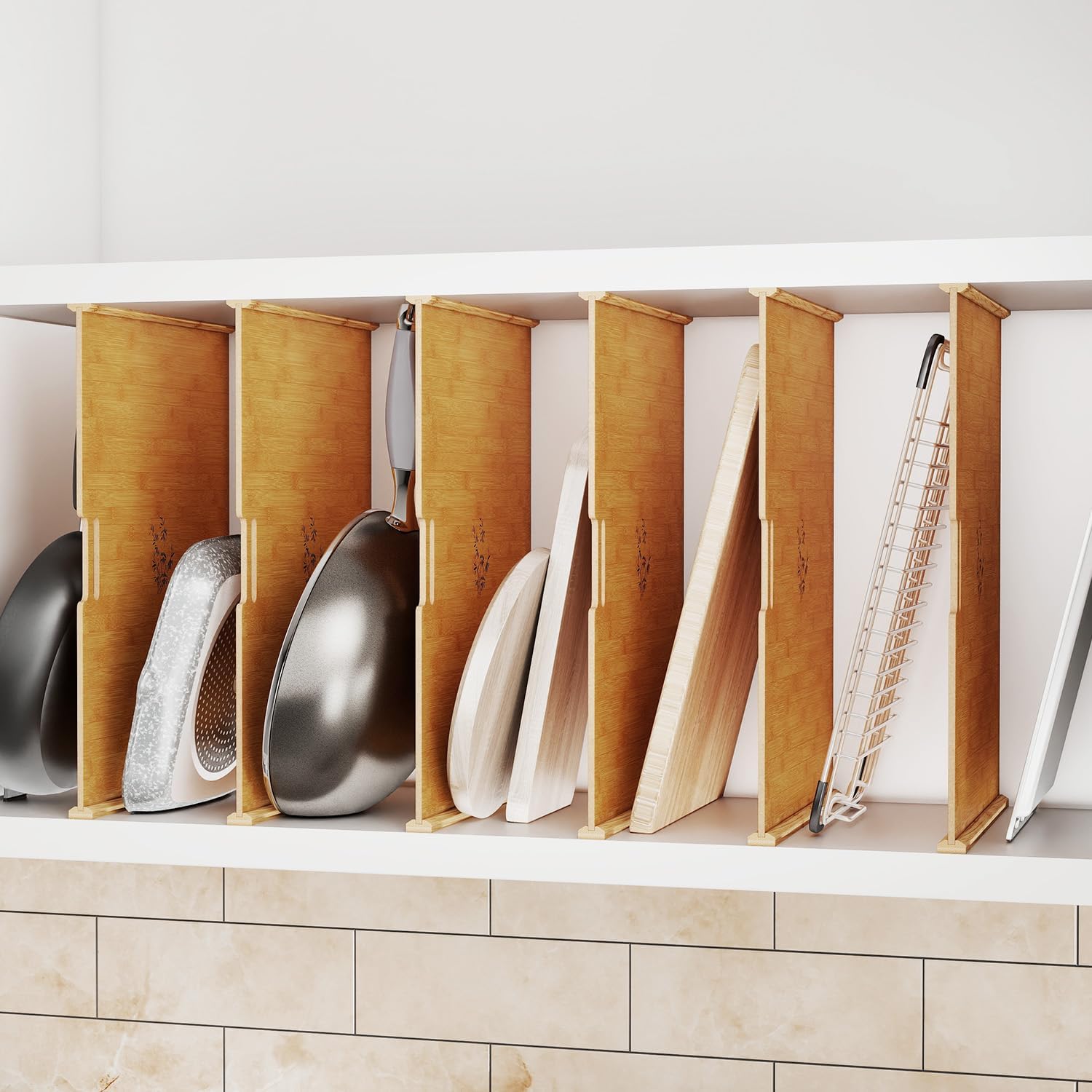 6 Set Wooden Tray Dividers for Cabinets, Kitchen Cookie Baking Sheet Organizer for Cabinet with 12 Slideways & 36 Screws, DIY Cabinet Dividers for Kitchen, Pantry, Closet, Easy to Install