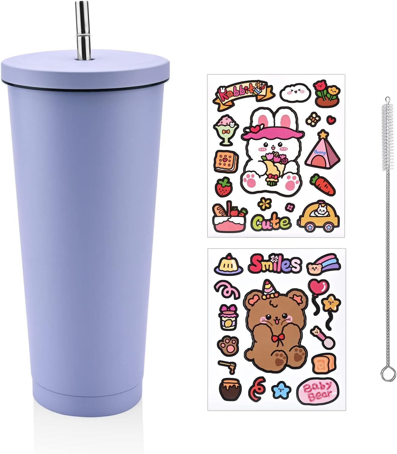 700ml Insulated Tumbler Cup with Straw and Lid Leakproof Stainless Steel Vacuum Insulated Tumbler Coffee Cup Double Wall Vacuum Thermal Travel Mug with Cleaning Brush for Ice Hot Drinks (Purple)