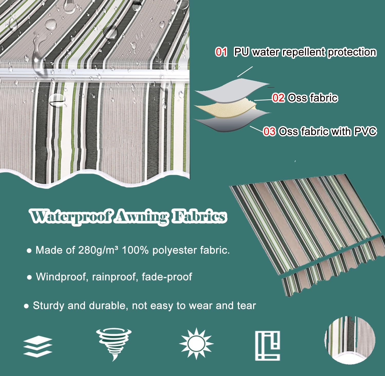 Toile De Remplacement Pour Store De Terrasse - Polyester Imperméable - Tailles 200x150cm à 700x350cm (Beige 300x200cm)