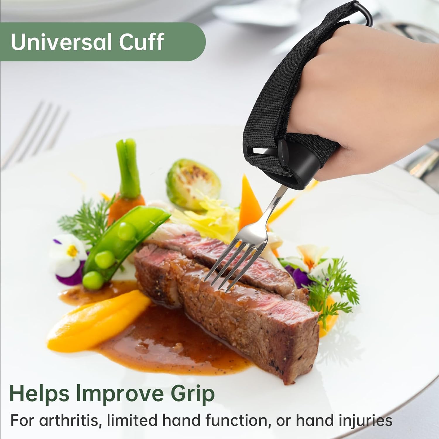 Khaki & Black 2 Pack Universal Cuffs, Leather ADL Cuff with Elastic Strap, Holds Utensils or Writing Aids, for Elderly or Individuals with Weak Grip, Medium, 3"