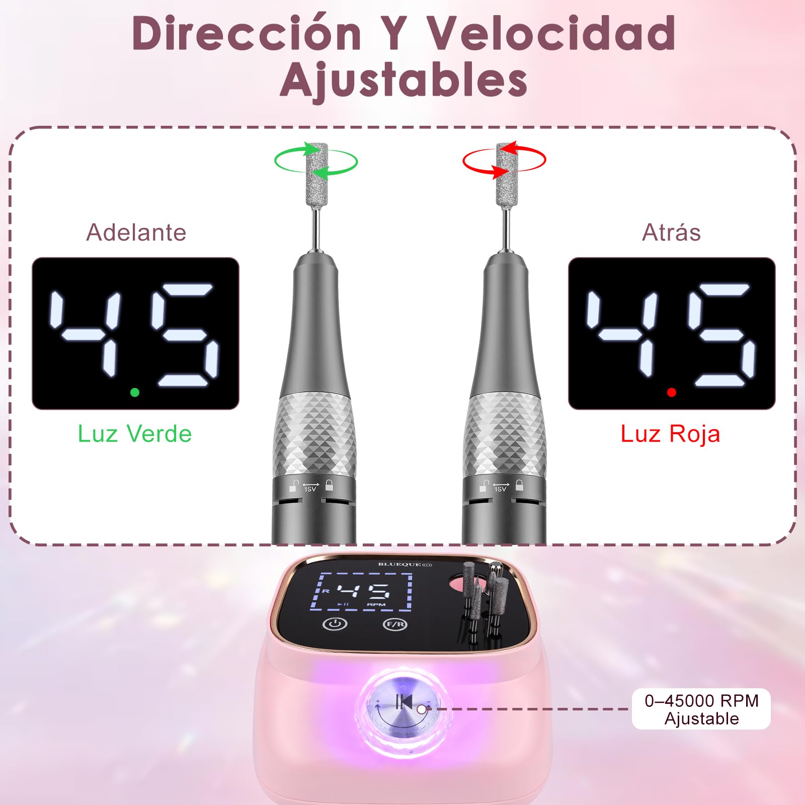Dreamhigh® Torno para Uñas Profesional 45 000 RPM, Lima Eléctrica Uñas, Fresa para Uñas, Kit de Lima de Uñas Portátil, Manicura y Pedicura, Taladro Eléctrico para Retirar Gel/Esmalte, Rosa