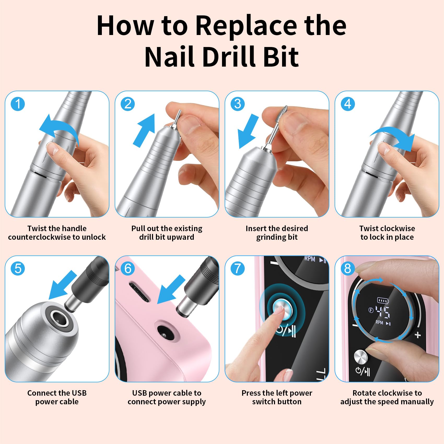 Electric Nail Drill Machine 45,000RPM - Professional Electric and Rechargeable Nail Drill with LCD Display, 6 Bits and 30 Sanding Bands, Low Heat Quiet E-File for Acrylic Gel Nails