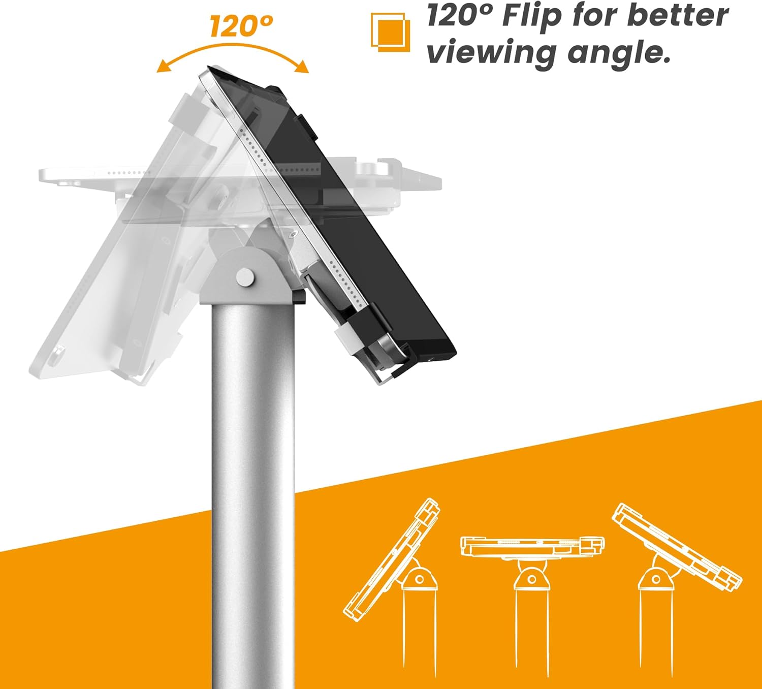 Universal Tablet Floor Stand Diagonal Clamp, Compatible with iPad 9.7 to 12.9 Inch, Durable Metal Construction, Anti-Theft, 145-degree Rotation, 360-degree Viewing, Unobstructed Access