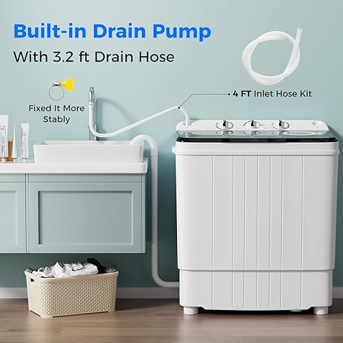 Miniatura 5 de Giantex Lavadora portátil, 17.6 libras Compacta Lavadora Spinner Combo con bomba de drenaje, doble bañera de 11 libras de lavado y giro de 6.6