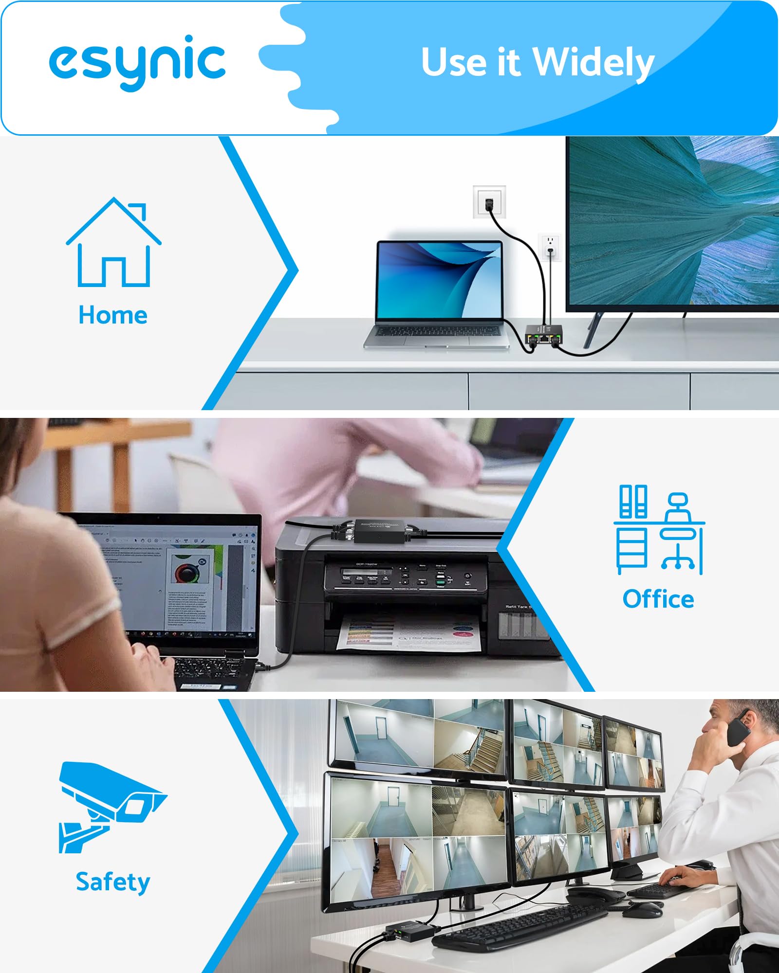 eSynic Szybki rozdzielacz Ethermet 1 do 3 przenośny rozdzielacz sieciowy USB C Rj45 z 1 kablem Ethernet metalowy rozdzielacz kabli internetowych obsługuje Cat8, 7, 6, 5 i 5e do ADSL, koncentratorów