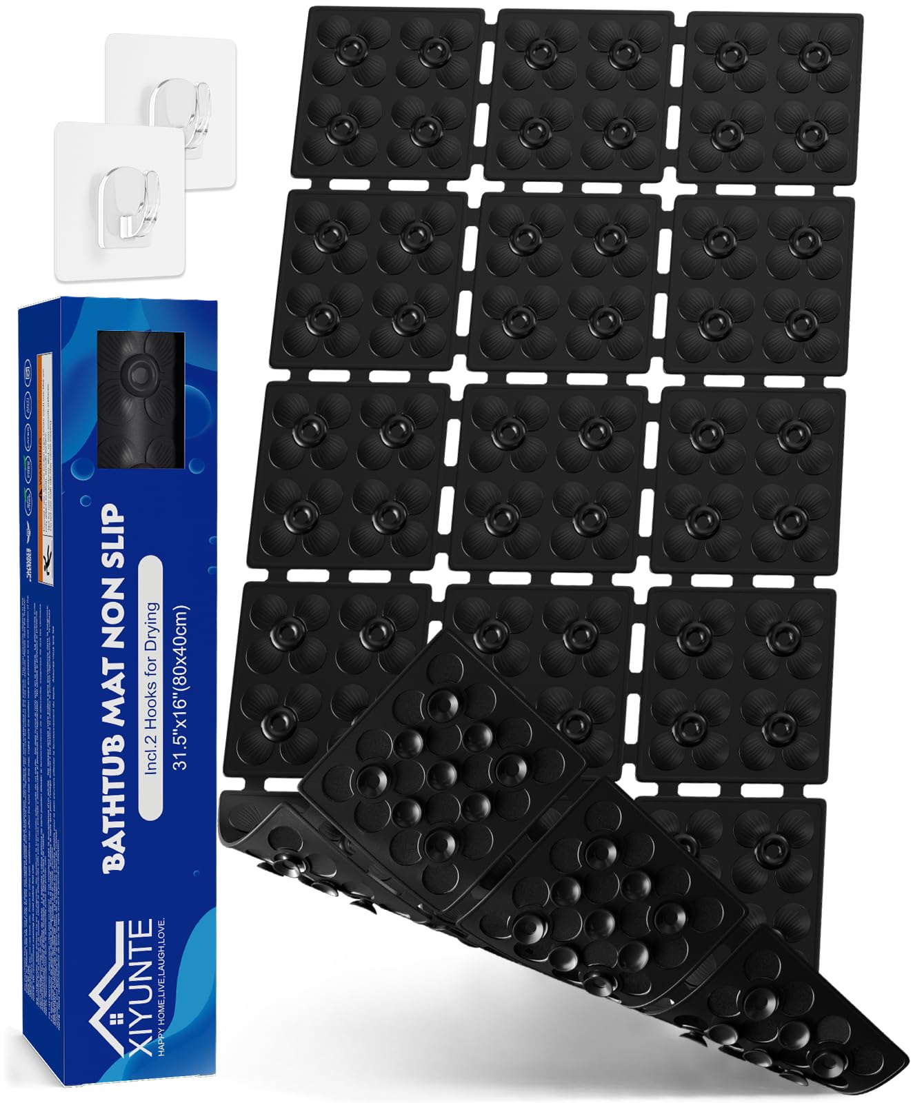Shower Mat Non Slip Bathtub mat, TPE Bath Mat Non Slip 31.5" x 16", Black
