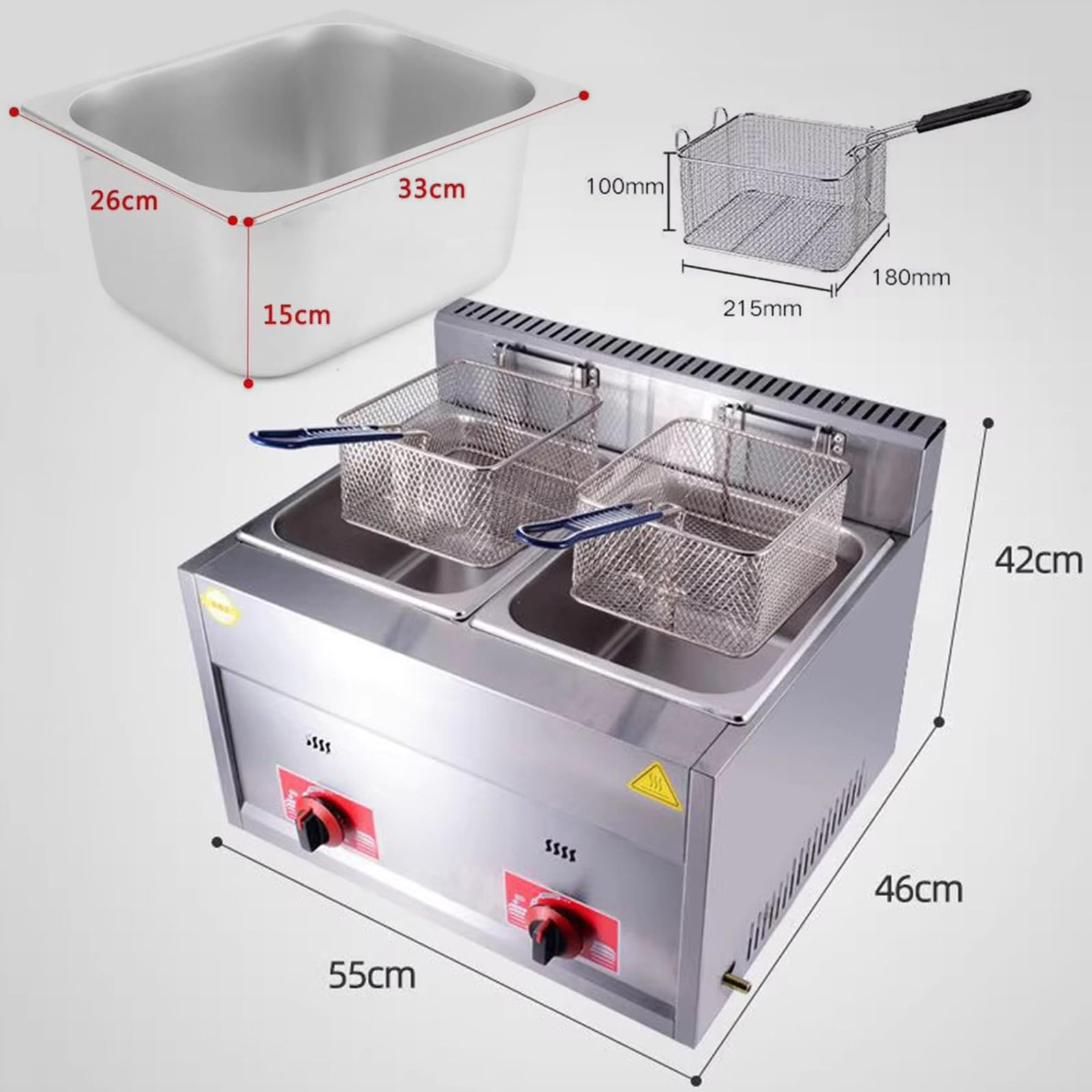 Friggitrice a Gas da 20 L, Friggitrici in Acciaio Inox con Frittura Cestello e Coperchi, Potenza di Fuoco Regolabile, Facile da Pulire, Friggitrice a Olios da Banco per Casa Commerciale (10L+10L)