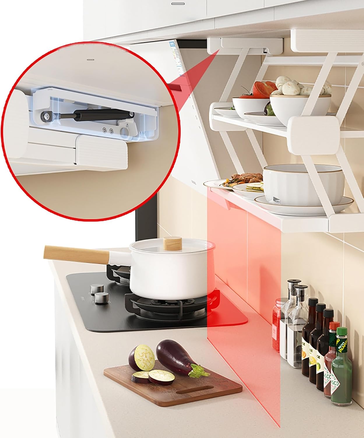 Pull Down Folding Shelf For Kitchen Cabinet - 2 Tier Under Cabinet Organizer, Holds Up To 22lbs, Cabinet Depth >8.3inch, Space-Saving Storage Solution (D8.3xh17.6 W23.2)