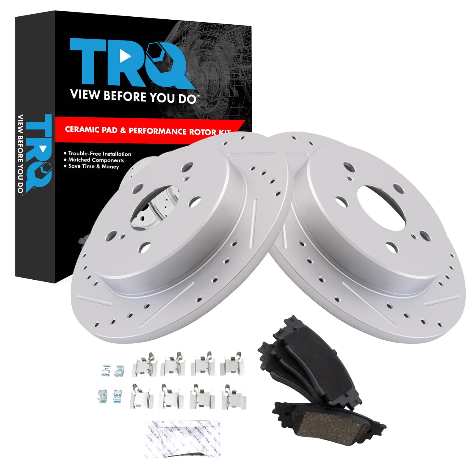 TRQ Rear Brake Pad and Rotor Set Ceramic Coated Compatible with 2015-2017 Lexus NX200t 2015-2023 NX300h 2018-2022 NX300 Toyota C-HR 2021-2022 Venza