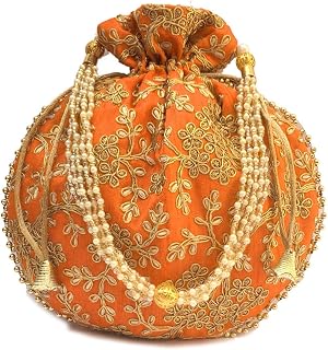 Potli bag Batwa Pearls Handle Indian Ethnic Designer Embroidery Silk Handbag Purse for Bridal Party Clutch wedding and Gifting (H*L:9 * 9.5(Inch)(Handle Dm:- H*L(cm) 20 * 14) (Orange)