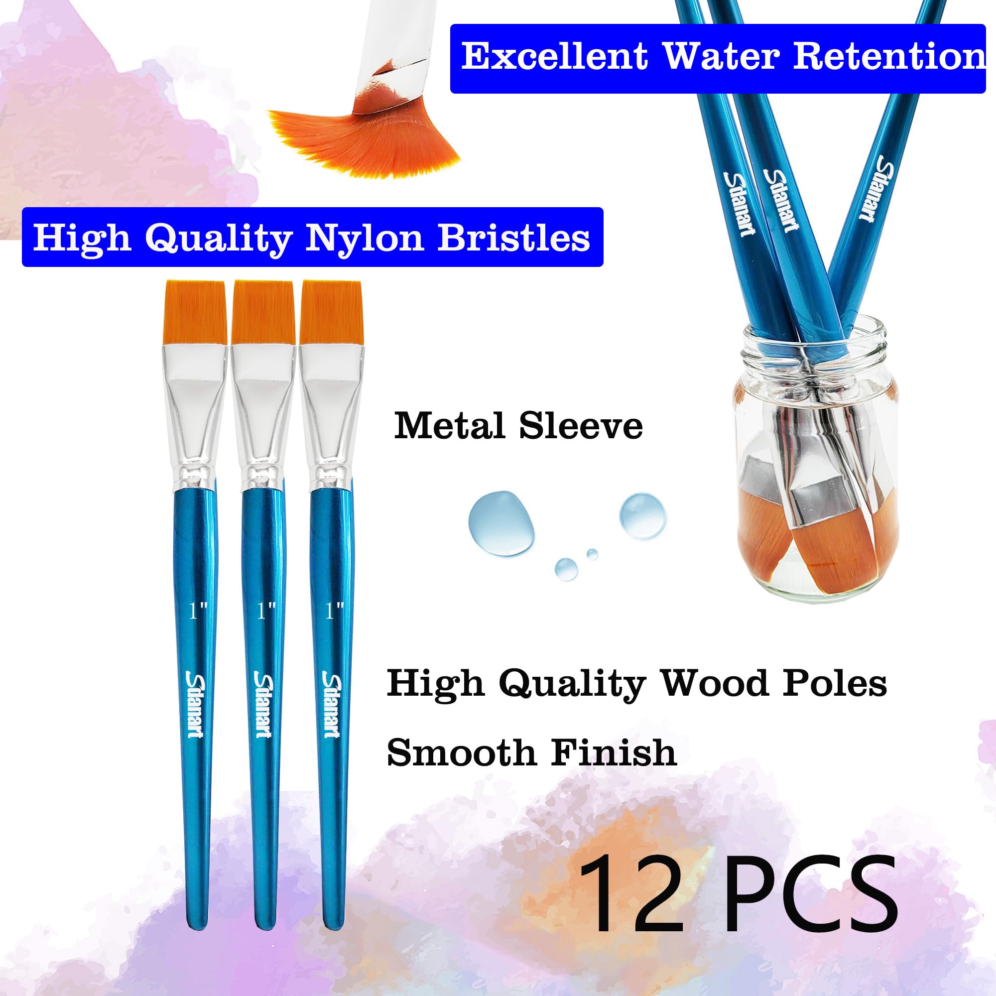 Sdanart Pinceles planos de 1 pulgada para pintura acrílica, 3 pinceles grandes de pintura acrílica a granel, pinceles de pintura de tela, pinceles de manualidades, pinceles de artistas para acuarela,