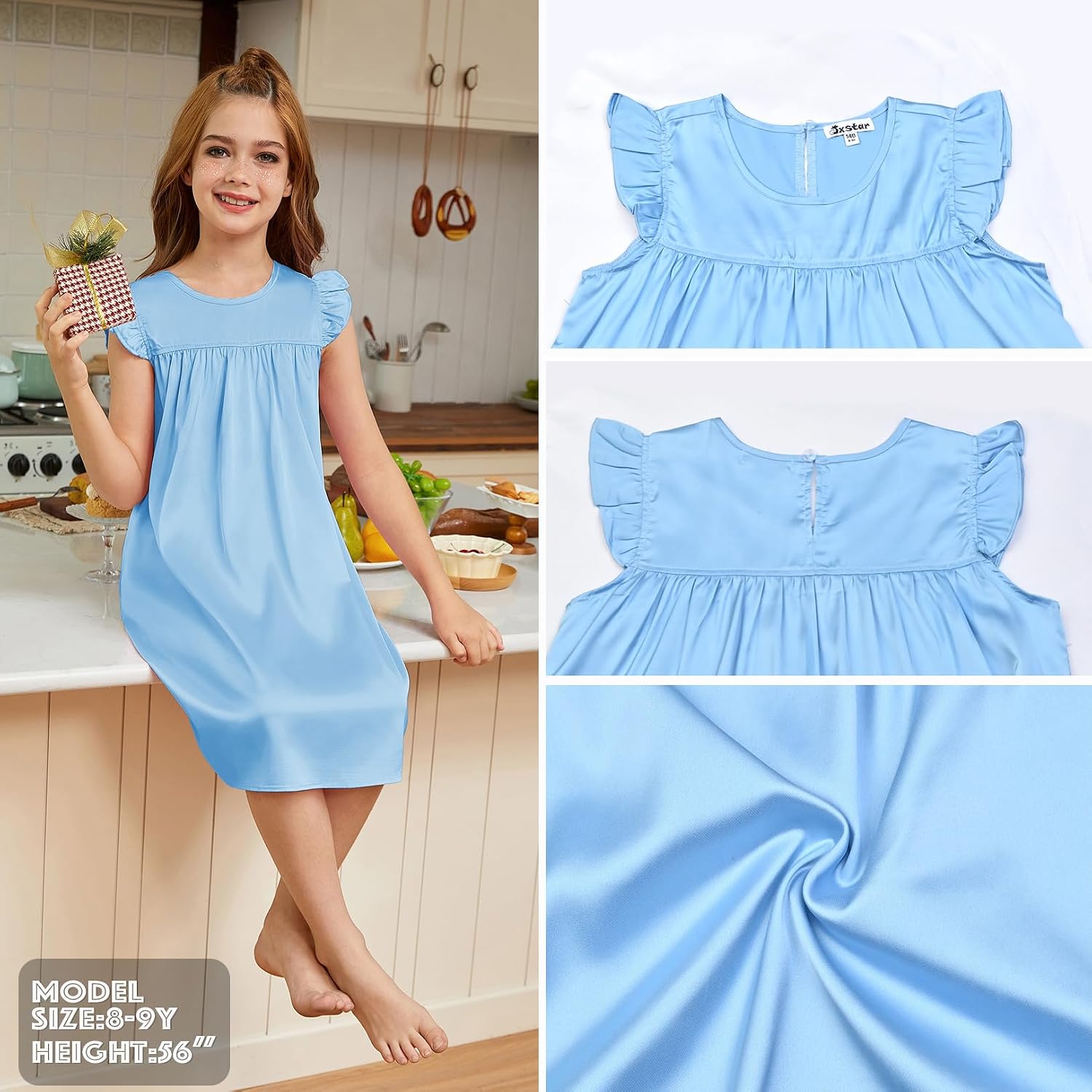 Jxstar Girls Nightgowns Toddler Pajamas Silk Satin Flutter Sleeve Princess Dress Nightie Sleepwear for Little Girls