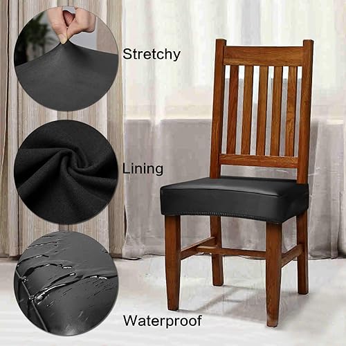 Miniatura 4 de Fuloon Juego de 6 fundas para sillas de comedor, de piel sintética sólida, impermeable y resistente al aceite, funda elástica para sillas de comedor