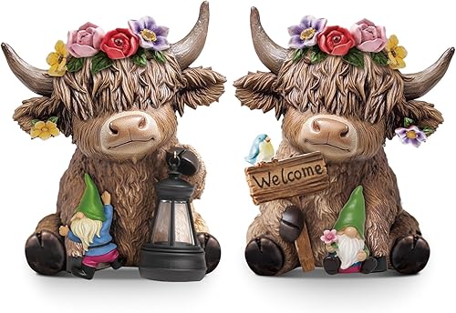Miniatura 19 de Karenhi 2 piezas Figuras de vaca Highland Navidad Cacao caliente Enanos de vaca Highland Estatua de resina escocesa Amantes de terneros Regalos para