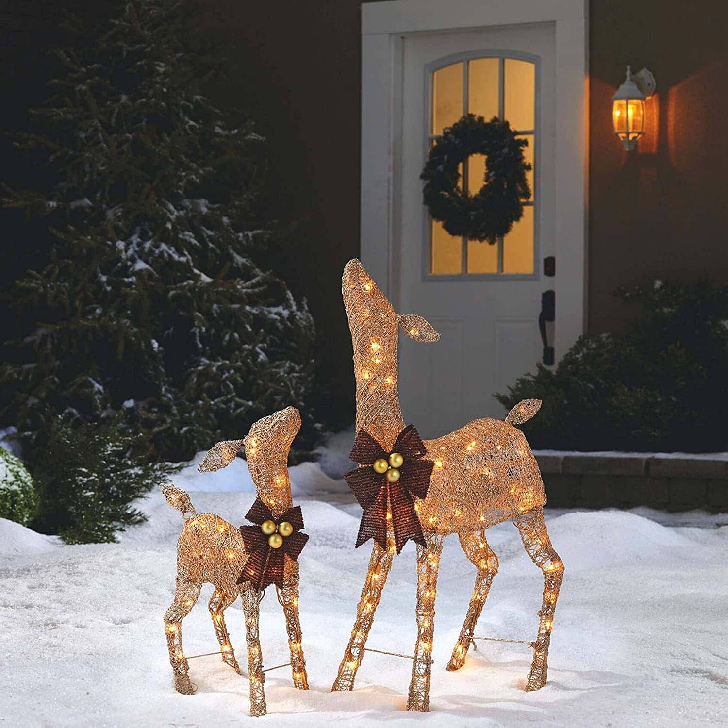 NOMA Christmas Deer 2.8 Ft Pre-Lit LED Outdoor Yard Decor, Metal Decoration with Bright Warm White Lights, Holiday Decoration, Gold with Red Bows