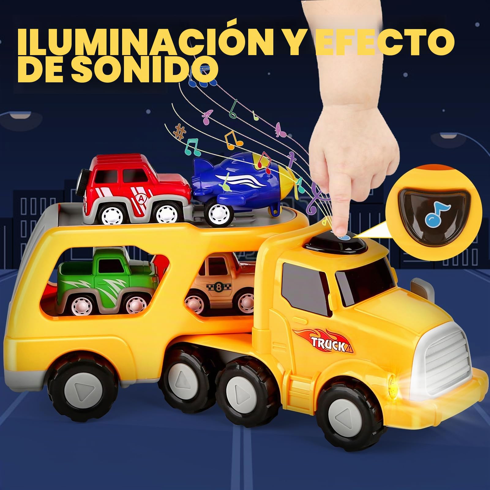 Aoskie Camion Transportador de Coches para Niños, 5 in 1 Coches Juguete con Sonido y Luces Regalo para Niños Bebe 1 2 3 4 Años