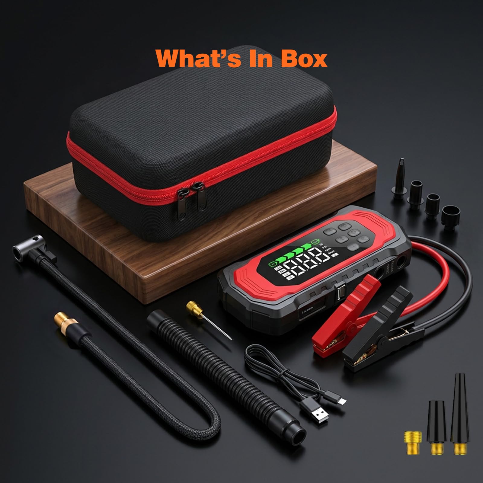 9000A Starthilfe Powerbank mit 150PSI Kompressor, 9-in-1 Booster Auto Starthilfe (alle Benzin und 14L Diesel), 12V Jump Starter mit Elektrische Luftpumpe/Vakuumpumpe, 30W Schnellladung