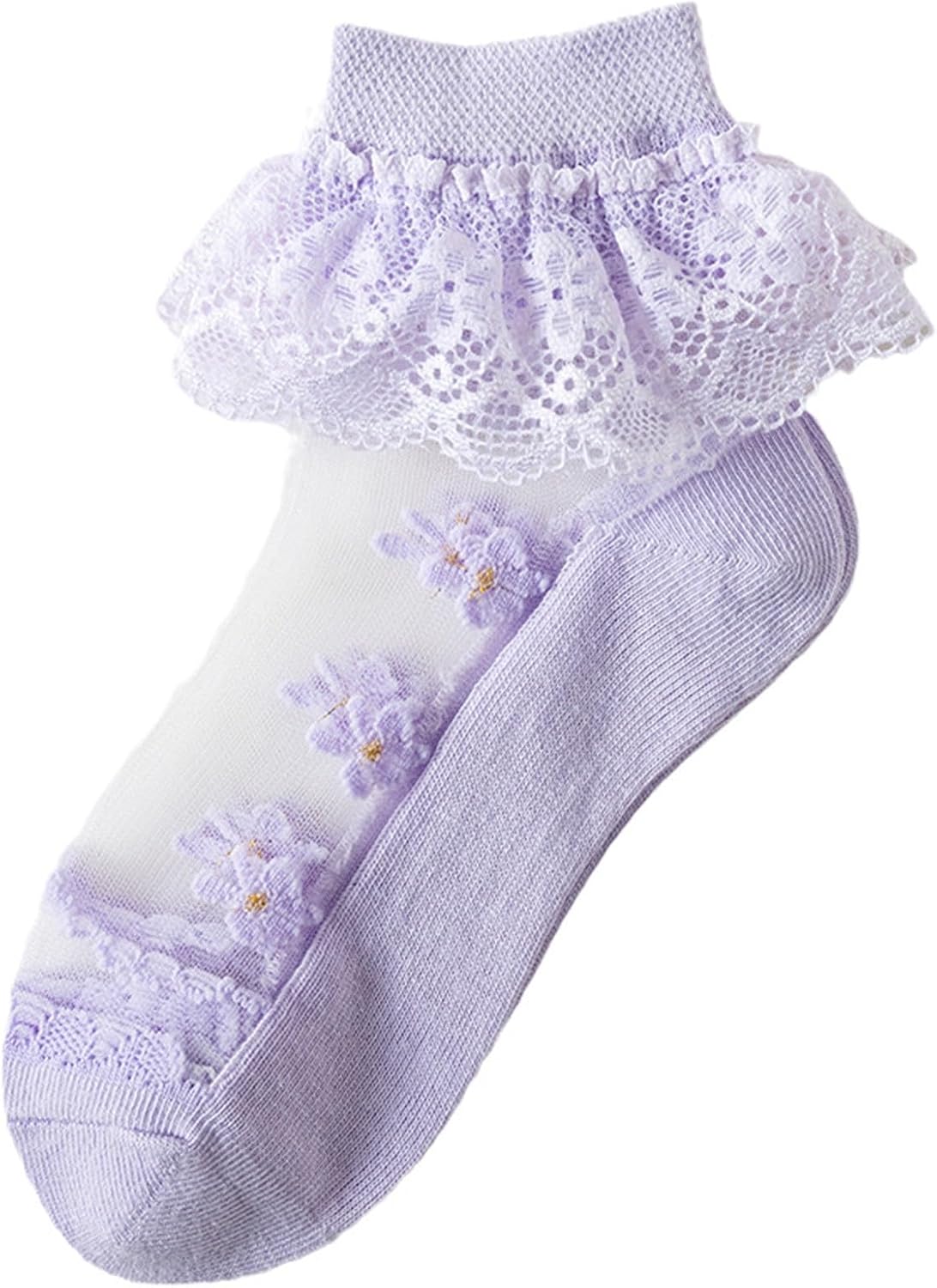 Girls Lace Ruffle Ankle Socks Floral Applique Dress Socks