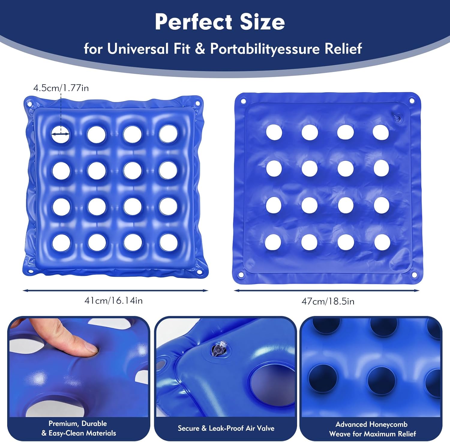 2-Pack Set Inflatable Seat Cushions for Pressure Relief - Waffle Design Air Cushion for Wheelchair, Office Chair & Car Travel, Extra Thick with Dual Pumps (18.5x18.5 Inch, Flocked Navy & Royal Blue) - Image 7