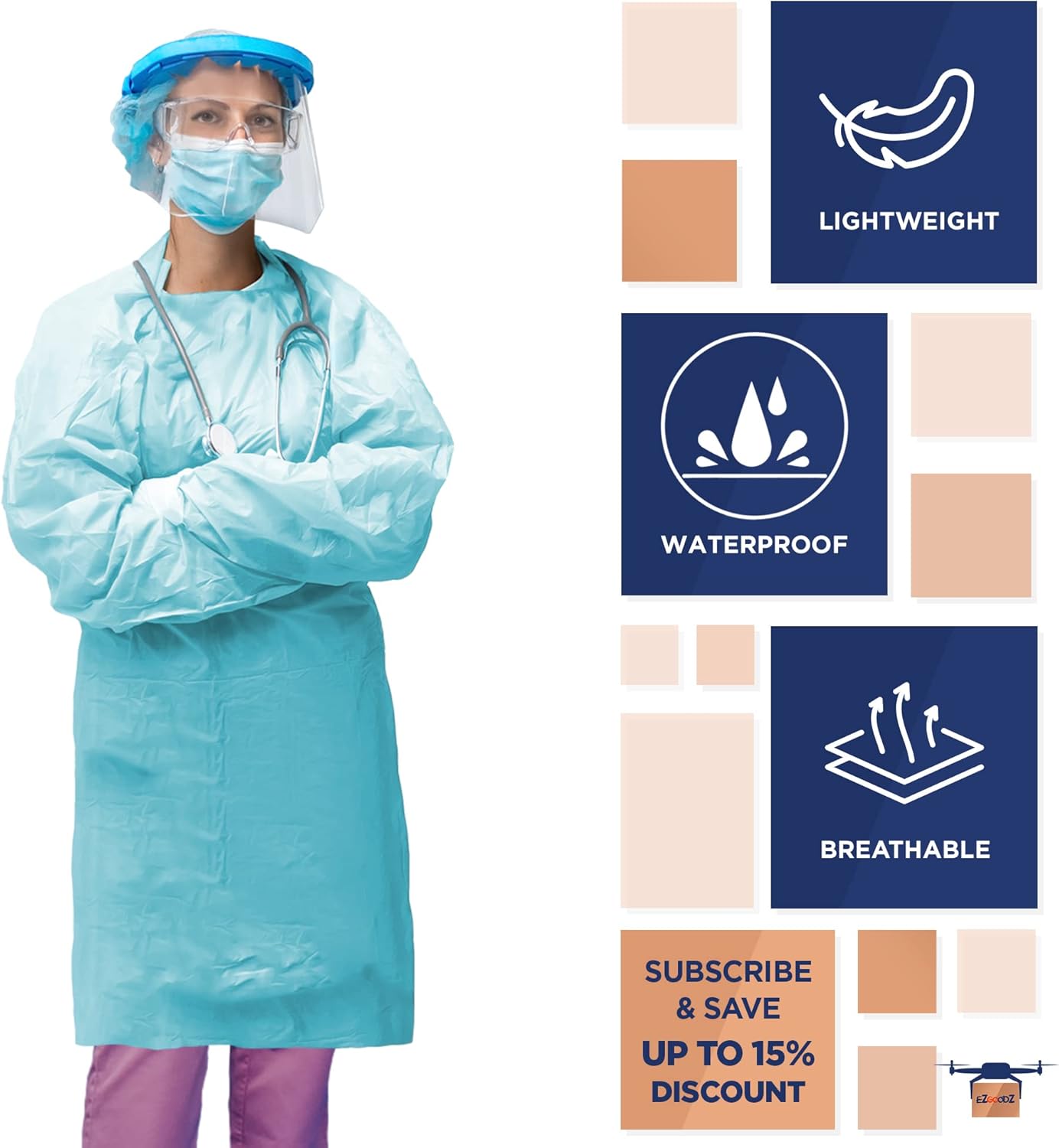 EZGOODZ Polyethylene Gowns 45" Long. Pack of 200 Blue Poly Frocks X-Large. 2 Mil Disposable PE Coated Frocks with Elastic Wrists. Unisex Liquid-Proof Workwear. Lightweight PPE Clothing in Bulk.