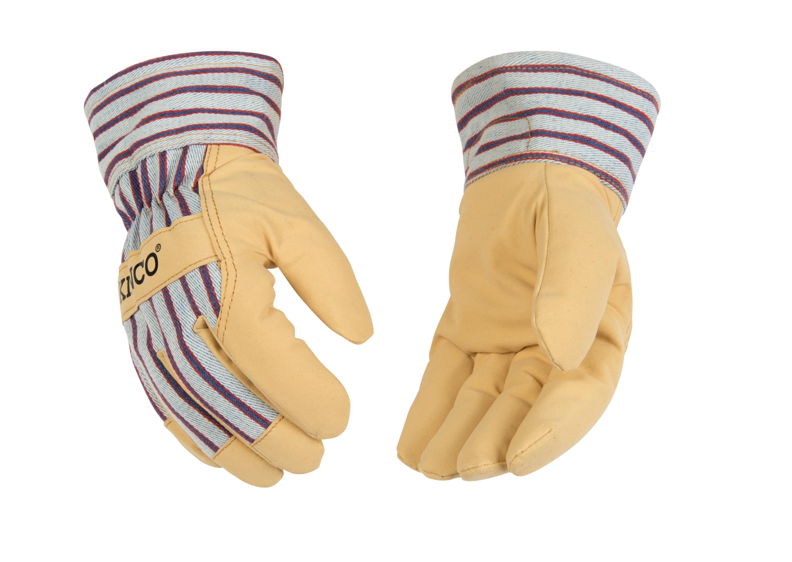 Kid's Lined Premium Pigskin Leather Work and Ski Gloves, Heatkeep Thermal Insulation, Otto Striped Canvas, Safety Cuff, Fitted Elastic Wrist, (Style No. 1927)