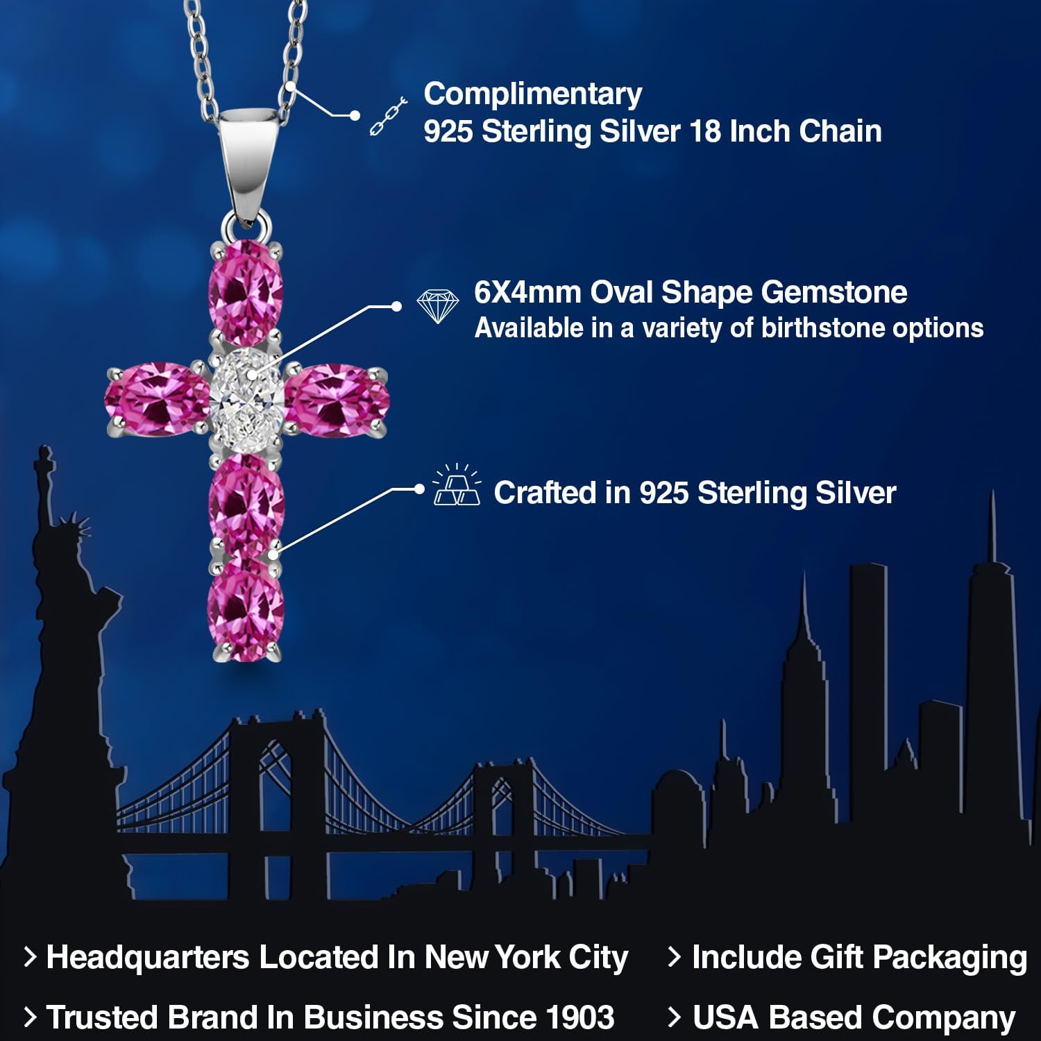 Gem Stone King 925 Sterling Silver Pink Created Sapphire and Lab Grown Diamond Cross Pendant Necklace for Women | 2.90 Cttw | Gemstone September Birthstone | Oval 6X4MM | With 18 Inch Chain - Image 2